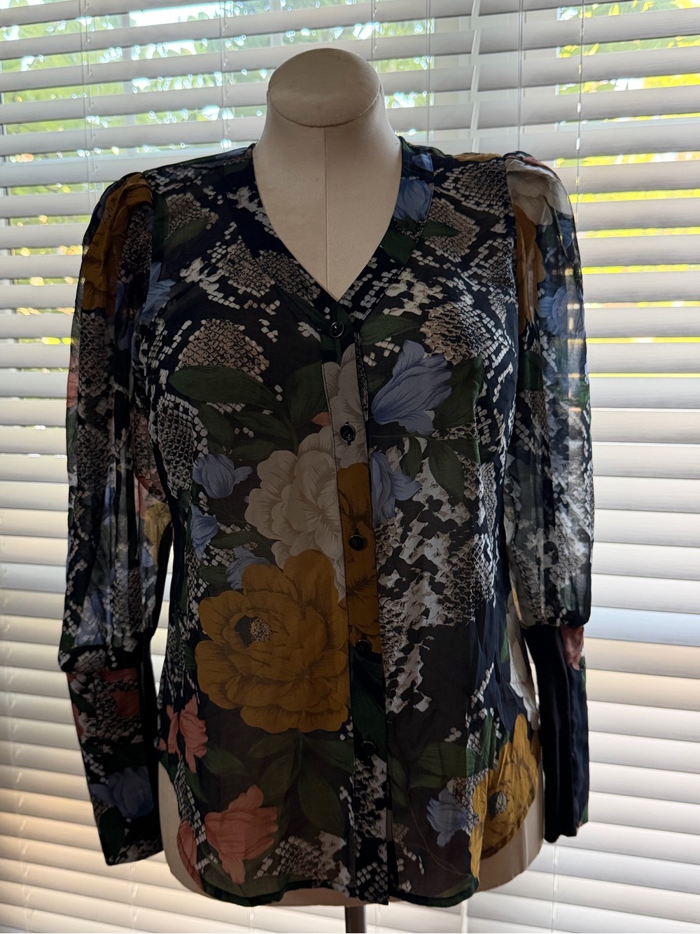 CAbi S Snake Charmer Black Floral V-Neck Long-Sleeve Blouse
